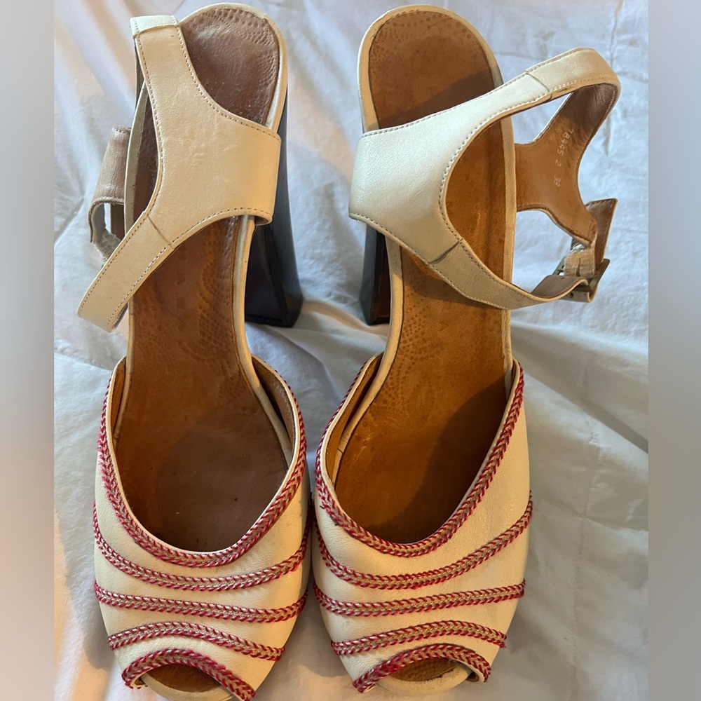 Chie Miharie Abba White Leather Block Heel Peep Toe Ankle Strap Sandals Size 38